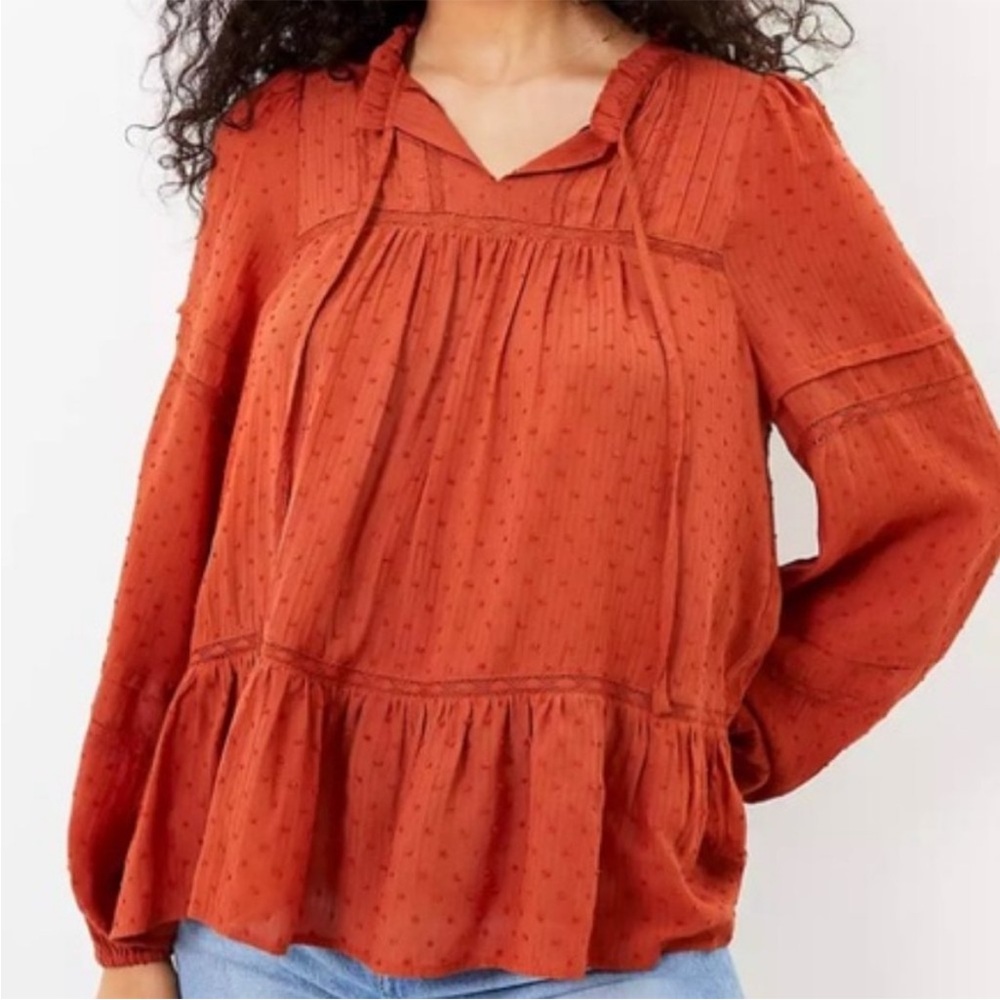 LOFT Swiss Dot Boho Peasant Babydoll L/S Top Burnt Orange - Small